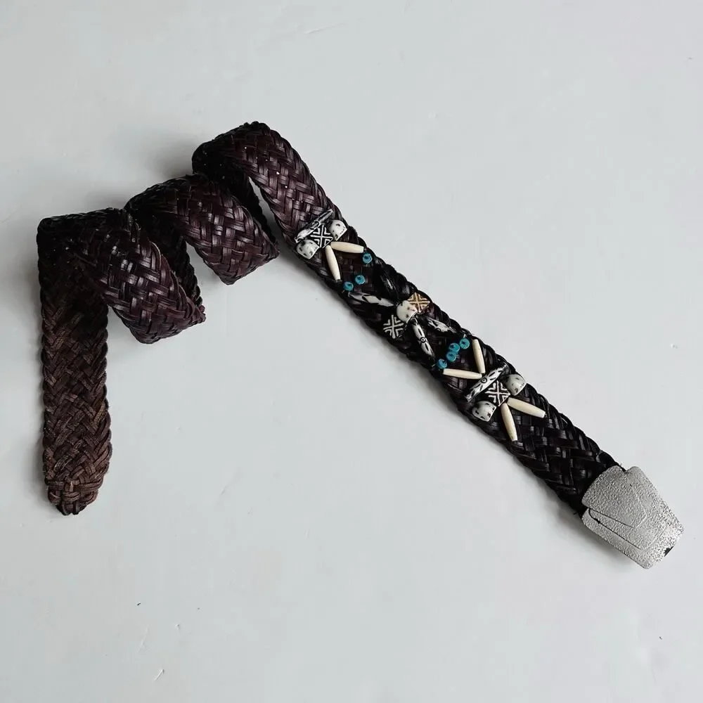 Vintage Braided Leather Belt Womens M/L Brown Shells Turquoise Indie Boho Hippie
